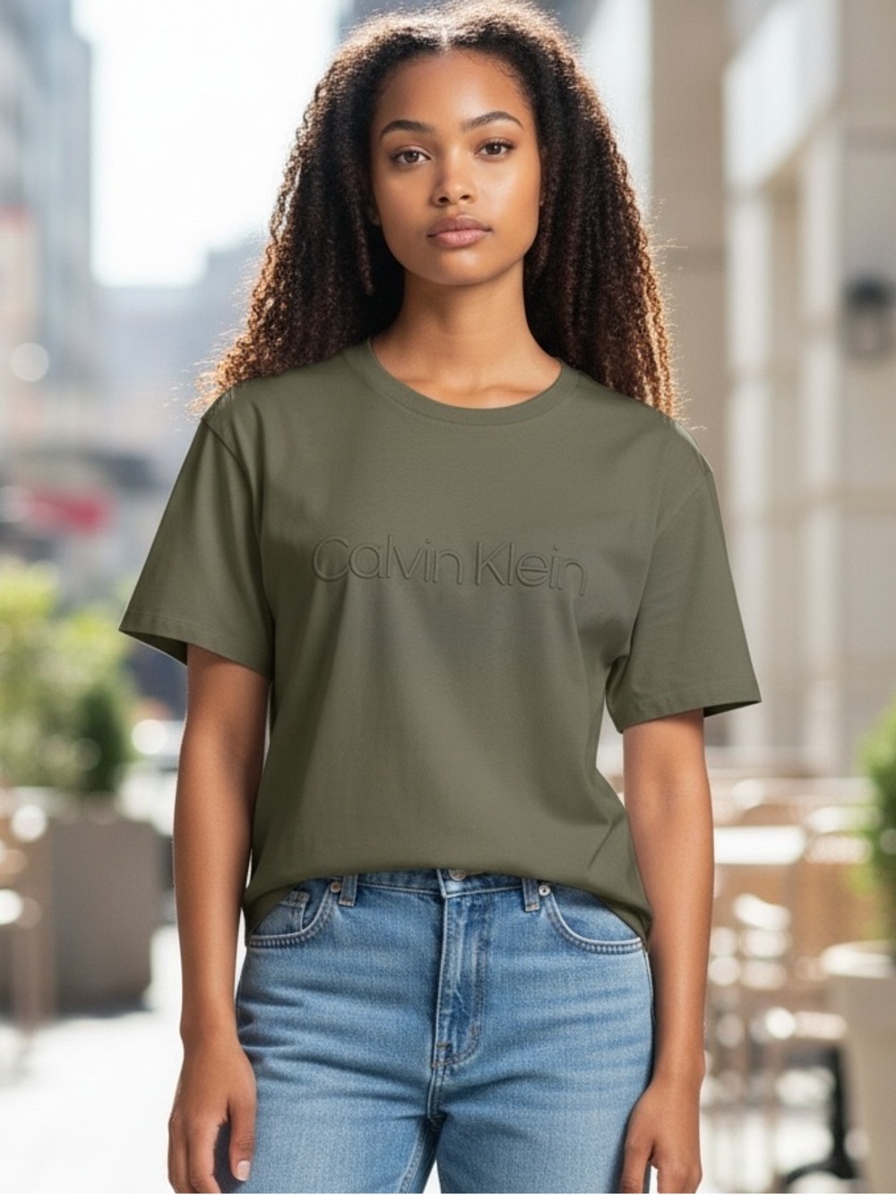 Calvin Klein Olive Crewneck Logo Tee - Women's
